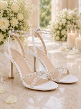 Pearl Wedding Heels 3.93” Strappy Bridal Sandals White Open Toe Elegant Bride Sh